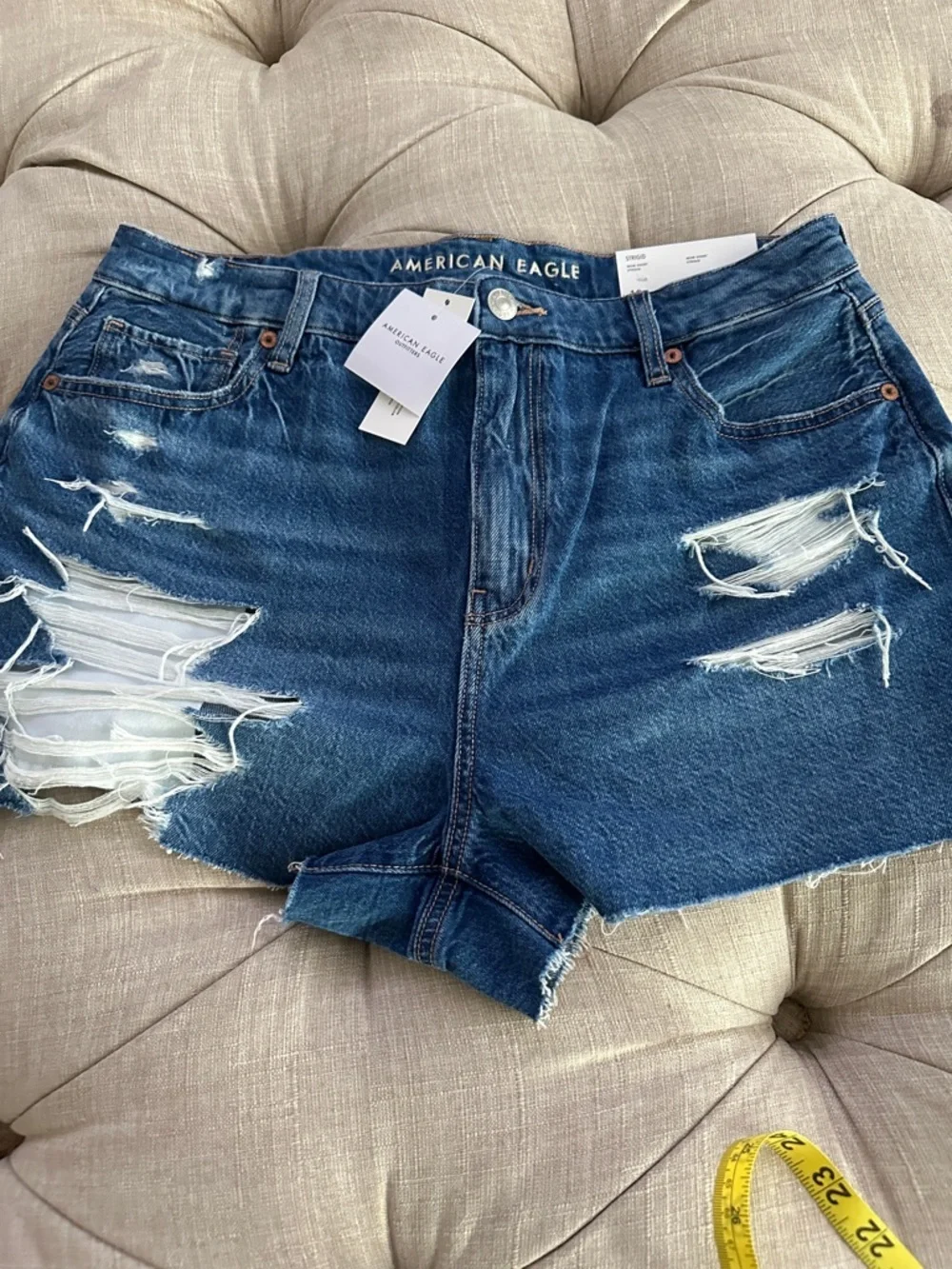 American Eagle Outfitters Dark Blue Distressed High-Rise Denim Shorts